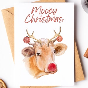 Mooey Weihnachts-Wortspiel-Karte - süße Weihnachtskarte - lustige Aquarell-Grußkarte - Tierliebhaber-Karte - Kuh-Liebhaber-Karte - lustige Wortspiel-Karte