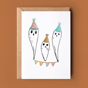 Cartão de feliz aniversário de fantasma fofo - Cartão de aniversário engraçado de Halloween - Cartão de Halloween em aquarela - Cartão de aniversário assustador - Cartão de aniversário de véspera de Hallows
