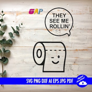 Badkamer wc-papierrol grappig ze zien me rollen gesneden bestand svg png dxf ai eps jpg pdf instant downloadbestanden Cricut silhouet afdrukbare
