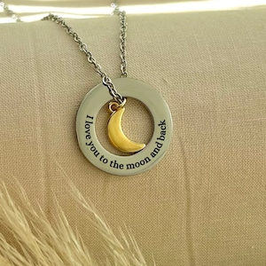 Te amo hasta la luna y más allá - Collar personalizado con forma de círculo de la luna y la estrella - Collar con anillo grabado personalizado - Acero inoxidable