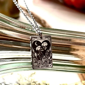 Personalized The Lovers Tarot Card Necklace - 18K GOLD Plated Gold, Silver, and Rose Gold -WATERPROOF -Skeleton Lover Card - Halloween