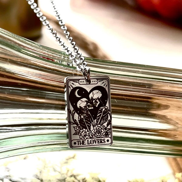 Personalized The Lovers Tarot Card Necklace - 18K GOLD Plated Gold, Silver, and Rose Gold -WATERPROOF -Skeleton Lover Card - Halloween