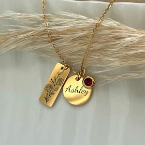 Custom January Carnations Birth flower Birthstone Necklace  - January Birthday Necklace  - Stainless Steel Gold Rose Gold and Silver
