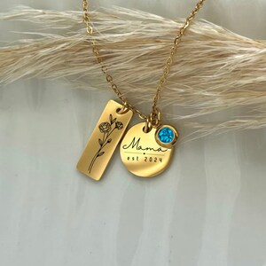 Custom Mama Established Birth flower Birthstone Necklace  - New Mother Necklace  - Stainless Steel Gold Rose Gold and Silver