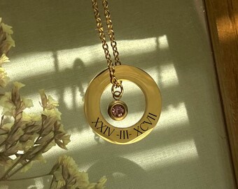 Personalized Roman Numeral Date  Birthstone Mother Necklace -Custom Old Fashion Circle Necklace - Stainless Steel 18K Gold - Waterproof