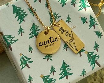 Personalized Auntie Established and Birth Flower Necklace - Custom gift for New Aunt - Custom Baby Shower Gift