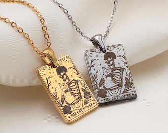 Cat Lover Skeleton Necklace - 18K Gold Plated Silver and Rose Gold - Waterproof - Funny Feline Jewelry