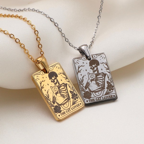 Cat Lover Skeleton Necklace - 18K Gold Plated Silver and Rose Gold - Waterproof - Funny Feline Jewelry