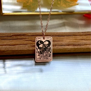 Personalized The Lovers Skeleton Tarot Card Necklace - 18K GOLD Plated Gold, Silver, and Rose Gold -WATERPROOF