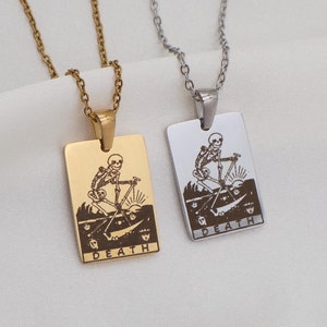 Collier de cartes de tarot de la mort - Transformation et renaissance - Plaqué or 18 carats, argent et or rose - IMPERMÉABLE