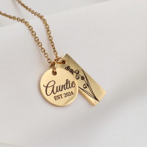 Personalized Auntie Established and Birth Flower Necklace with Birthstone - Gold Plated Stainless Steel Waterproof Everyday Jewelry