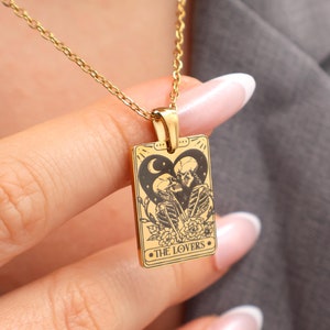 Gepersonaliseerde The Lovers skelet tarotkaartketting - 18K GOUD verguld goud, zilver en roségoud - WATERDICHT