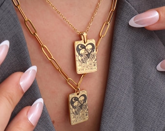 Personalized The Lovers Tarot Card Necklace - 18K GOLD Plated Gold, Silver, and Rose Gold -WATERPROOF -Skeleton Lover Card - Halloween