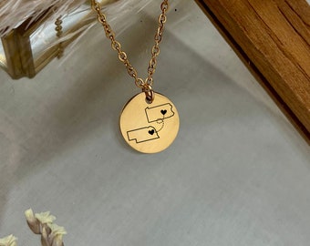 Personalized Long Distance State Necklace - 18K Gold Plated Stainless Steel Gold, Rose Gold , Silver - WATERPROOF