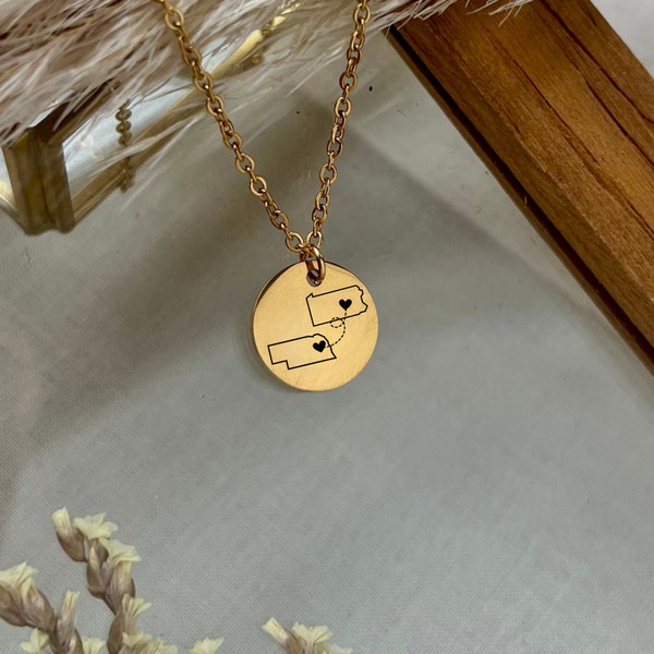 Personalized Long Distance State Necklace - 18K Gold Plated Stainless Steel Gold, Rose Gold , Silver - WATERPROOF