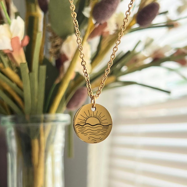 Customizable Stainless Steel Sun and Ocean Necklaces in Silver, Gold, and Rose Gold