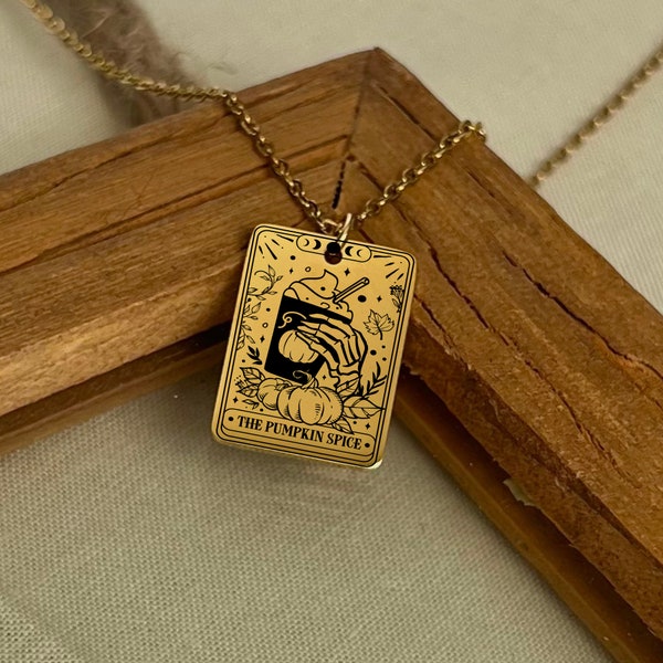 Pumpkin Spice Tarot Card Necklace - 18K Gold Plated - Waterproof - Funny Fall Jewelry
