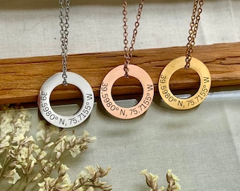 Custom GPS Coordinates Circle Necklace - Unique Location Keepsake- 18K Gold Waterproof Woman Necklace