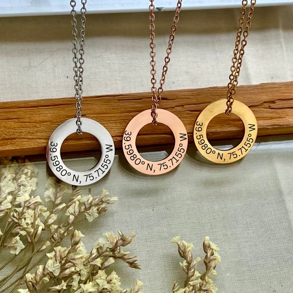 Custom GPS Coordinates Circle Necklace - Unique Location Keepsake- 18K Gold Waterproof Woman Necklace