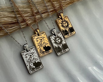 Personalized The Sun and The Moon Tarot Card Necklace - 18K GOLD Plated Gold, Silver, and Rose Gold -WATERPROOF