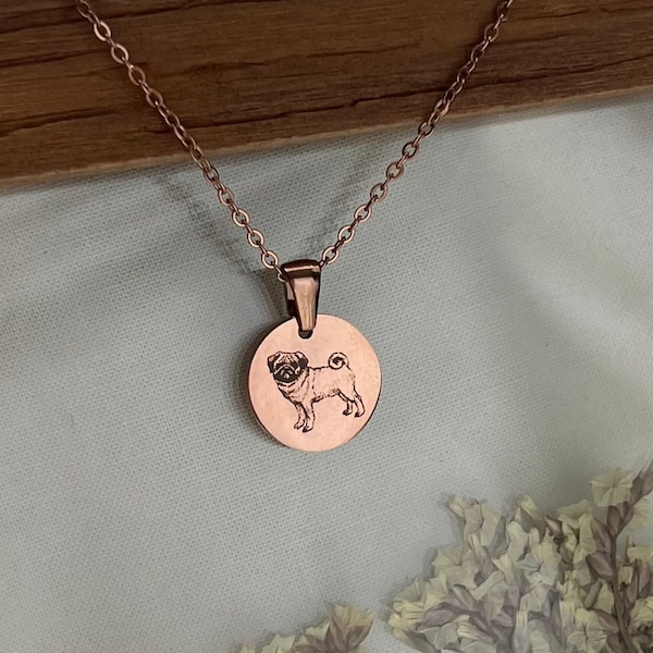 Personalized Pug Necklace - Custom Dog Mama Jewelry - Gold, Silver, Rose Gold