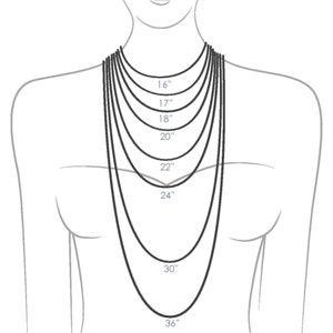 Könnte beinhalten: Ein Diagramm, das verschiedene Halskettenlängen an einem Modell zeigt, von 16 Zoll bis 36 Zoll.