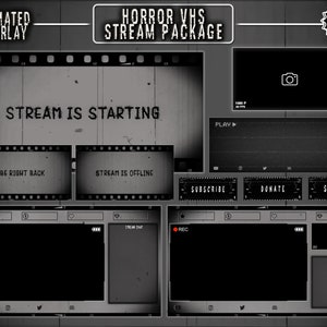 Animated Horror VHS Twitch Stream Overlay / Glitch & Noise / Old Movie / Dark TV, CRT / Animated Screens, Alerts, Webcam/ Panels, Transition