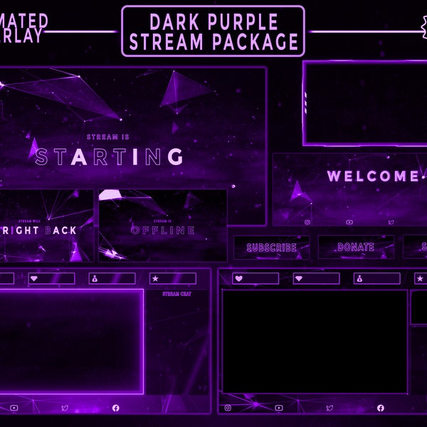 Animiertes Minimal Dark Purple Stream Overlay / Esthetique Theme / Synchronisieren / Animierte Bildschirme, Warnungen, Webkamera / Panels, Banner, Übergang