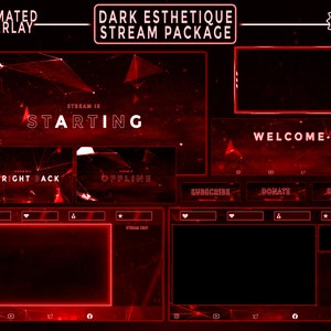 Op de afbeelding: Geanimeerd rood en zwart stream overlay-pakket met een geometrisch ontwerp. De overlay bevat een startscherm, een welkomstscherm, een terug-scherm, een offline-scherm, een abonneerknop, een doneerknop, een social media-knop, een chatbox en een stream-chatbox.