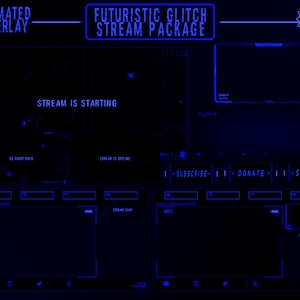 Animerat blått Glitch Twitch-överlägg / Cool futuristisk stream / Sci-Fi / Animerade skärmar, varningar, webbkamera / paneler, banner, Stinger-övergång