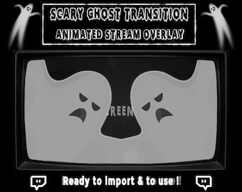 Puede incluir: Una superposición de transmisión animada en blanco y negro con un tema de fantasmas aterradores. El diseño presenta dos fantasmas de dibujos animados con expresiones de enojo dentro de una pantalla de televisión retro. El texto dice "Scary Ghost Transition Animated Stream Overlay".