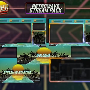 May include: A retro-themed animated stream pack with a teal and orange color scheme. The pack includes a welcome screen, a stream starting screen, and a chat screen. The screens feature palm trees, a sunset, and a grid pattern.