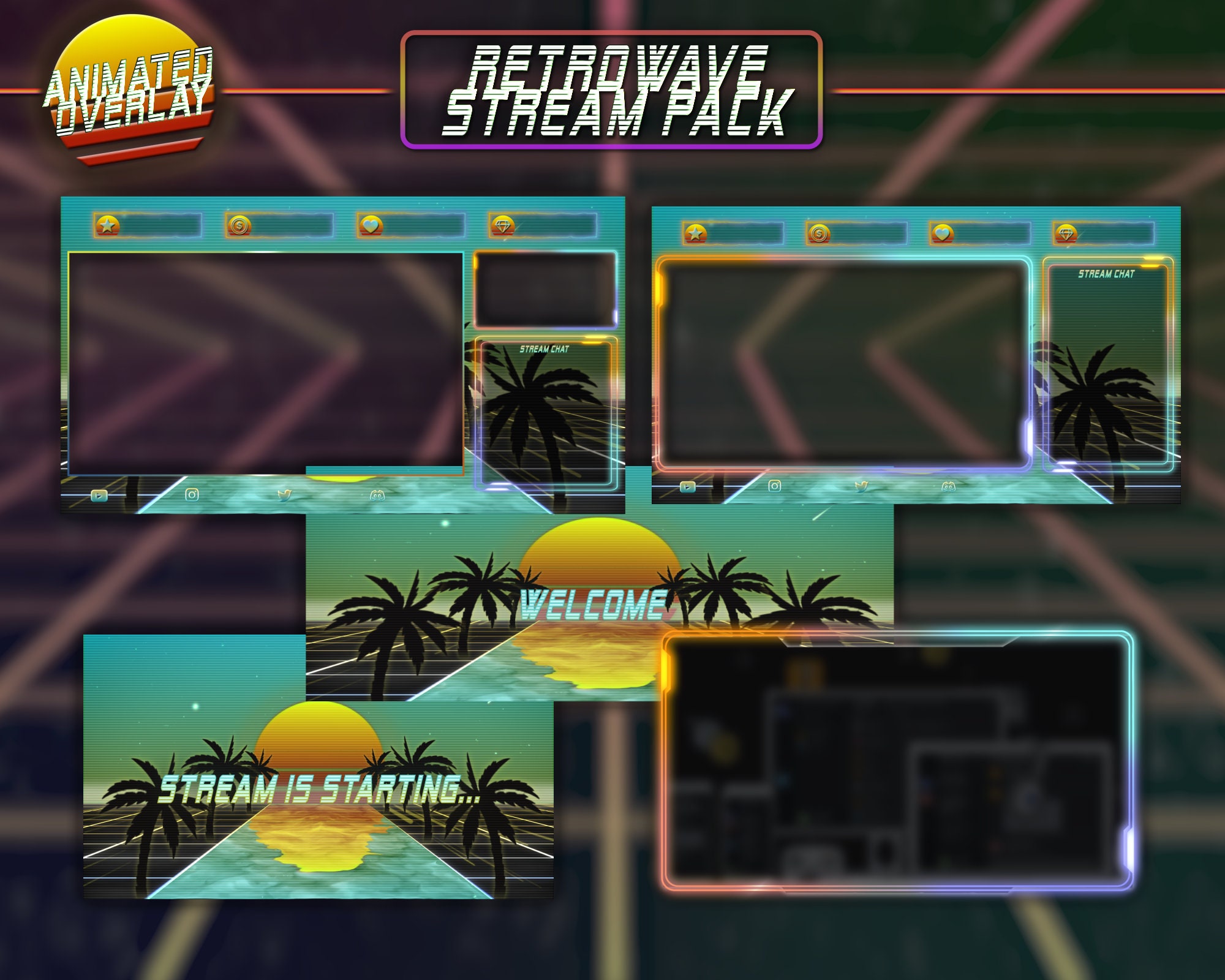 Animated Retro Synthwave Stream Overlay / Full Twitch Pack / 80s ...