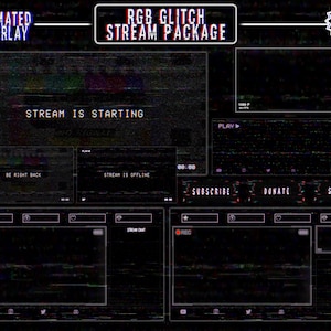 Animated RGB Glitch Stream Overlay / Full Package / Retro TV / CRT / Animated Screens, Alerts / Webcam/ Panels, Banner, Stinger Transition