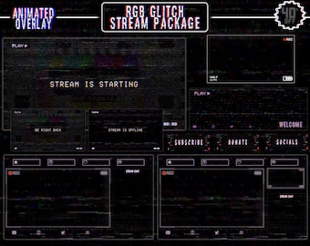 Animated RGB Glitch Stream Overlay / Full Package / Retro TV / CRT / Animated Screens, Alerts / Webcam/ Panels, Banner, Stinger Transition