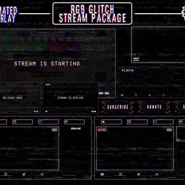 Animated RGB Glitch Stream Overlay / Full Package / Retro TV / CRT / Animated Screens, Alerts / Webcam/ Panels, Banner, Stinger Transition