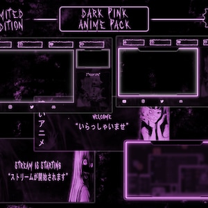 Pode incluir: Uma sobreposição de Twitch de anime rosa escuro com estética grunge. A sobreposição apresenta uma mensagem de boas-vindas em japonês, uma mensagem de início de transmissão e uma mensagem de boas-vindas em inglês. A sobreposição também inclui uma variedade de outros elementos, como ícones de mídia social, um botão de doação e um cronômetro.