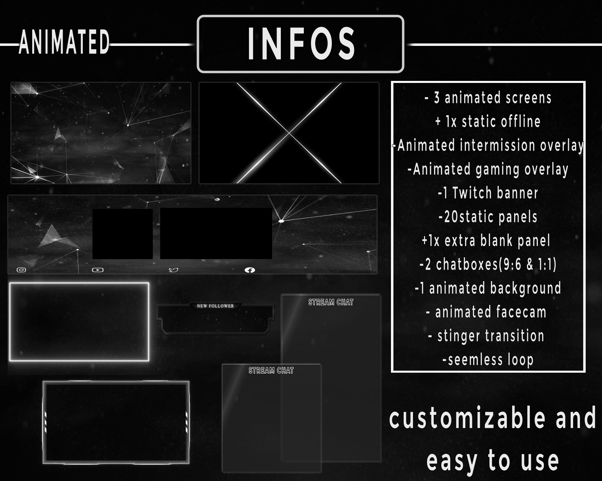 Animated Black and White Twitch Overlay / Minimal Dark Stream Package ...