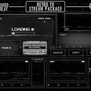Puede incluir: Una superposición animada de estilo retro para transmisiones de Twitch o YouTube. La superposición presenta un esquema de color blanco y negro con un efecto pixelado. El texto "RETRO TV STREAM PACKAGE" se muestra en la parte superior de la superposición. La superposición incluye varios elementos, como una barra de carga, un botón de pausa, una pantalla "sin señal" y una ventana de chat.