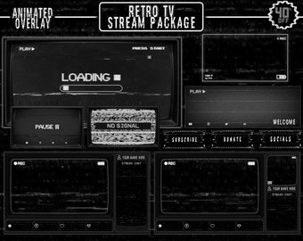 Dark Retro TV Stream Overlay / Full Package / Glitch / VHS / CRT / Animated Screens, Alerts, Webcam / Panels, Banner, Stinger Transition