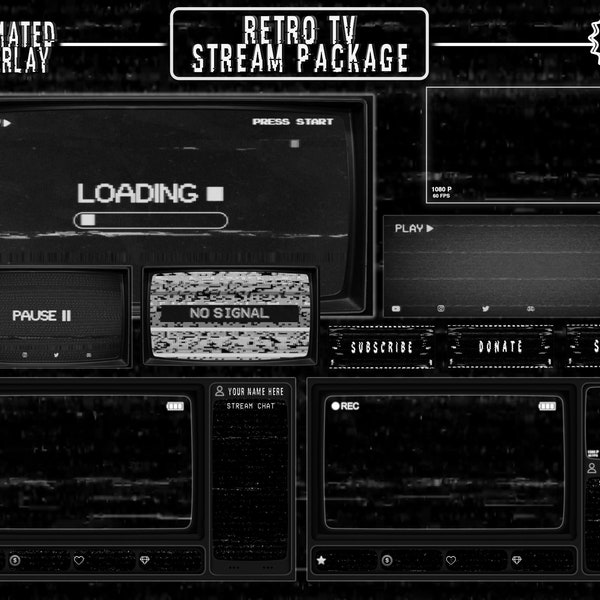 Dark Retro TV Stream Overlay / Full Package / Glitch / VHS / CRT / Animated Screens, Alerts, Webcam / Panels, Banner, Stinger Transition