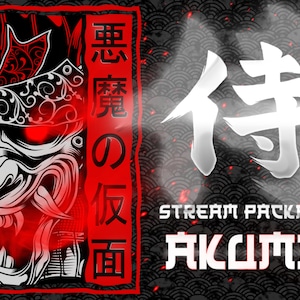 May include: A black and white illustration of a samurai warrior with a red and black background. The text "STREAM PACKAGE" and "AKUJIMA" is in white on a black background.