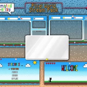 May include: Pixel art style Twitch stream overlay pack with a blue background and a variety of animated elements, including a welcome screen, a stream is starting screen, and a chat box. The overlay also includes a 40% off discount.