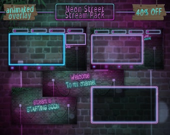 May include: Neon pink and blue animated Twitch stream overlay pack with a brick wall background. The overlay includes a welcome screen, a starting soon screen, a chat screen, and a just chatting screen. The text "Neon Street Stream Pack" and "40% OFF" are visible in the image.