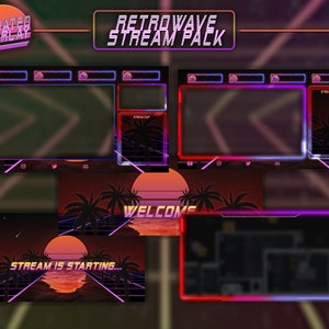 Può includere: Un pacchetto di overlay di streaming animato in stile retrò con un tramonto e palme. L'overlay include una schermata di benvenuto, una schermata di inizio streaming e una chat box. Il testo "RETROWAVE STREAM PACK" è visualizzato in un font rosa e blu neon.