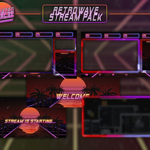 Animated Stream Neon Retrowave Overlay / Complete Twitch Pack / Retro - Synthwave - Vaporwave / Screens, Alerts, Webcam/ Panels, Banner