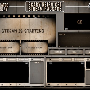 Scary Retro Twitch Stream Overlay / Cinematic Noise / Glitch / VHS, VCR, CRT / Animated Screens, Alerts, Webcam/ Panels, Stinger Transition
