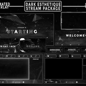 Sobreposição de Twitch em preto e branco animada / Pacote de transmissão escura mínima / Estética / Telas animadas, alertas, webcam / Painéis, transição