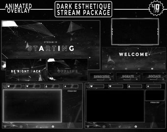 Animiertes Schwarz und Weiß Twitch Overlay / Minimal Dark Stream Paket / Ästhetik / Animierte Bildschirme, Warnungen, Webcam / Panels, Übergang