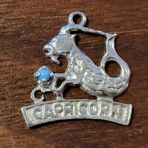 May include: Silver charm with a detailed depiction of the Capricorn zodiac sign, featuring a goat with a fish tail and a blue gemstone. The charm has the word "CAPRICORN" inscribed on a curved banner.